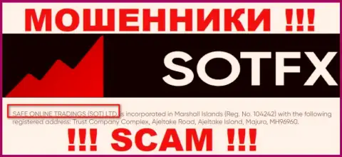 Информация о юр. лице компании SotFX Com, им является SAFE ONLINE TRADINGS (SOT) LTD
