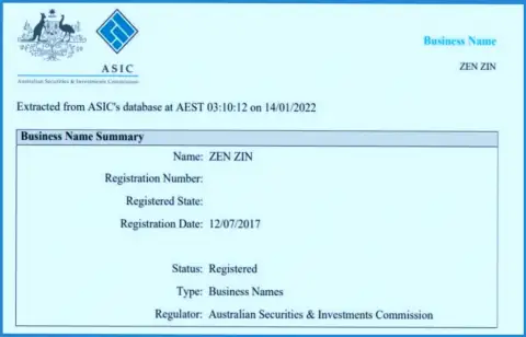 Регистрация дилингового центра Зиннейра Ком финансовым регулятором Австралии