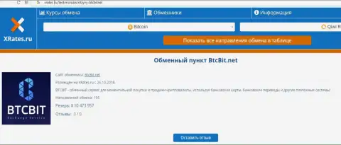 Сжатая информация об обменном онлайн-пункте BTCBit на web-портале иксрейтс ру