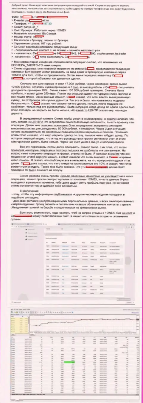 Детальная история кидалова биржевого трейдера мошенниками из 1 Онекс на денежную сумму 107 000 российских рублей