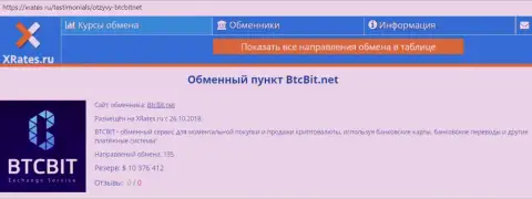 Сжатая справочная информация об онлайн-обменнике BTCBit на web-ресурсе XRates Ru
